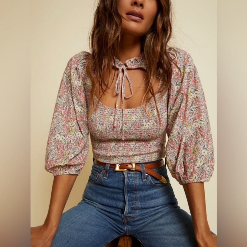 Nation LTD. Abrielle Smocked Floral Knit Top Small Cutout Superbloom Revolve